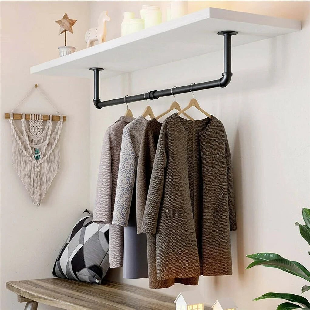 180cm Bedroom Garment Home Rail Multipurpose Wall Mounted Industrial Pipe Clothes Rack Space Saving Hanging Shelf with 3 Hooks