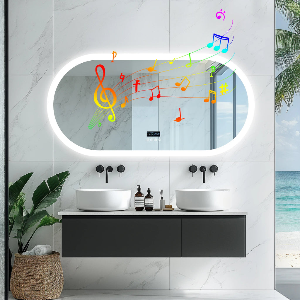 Oval LED Bathroom Mirror with Lights, Anti-Fog, Bluetooth Speaker, 3 Colors Temperature Dimmable Lighted Mirrors Waterproof