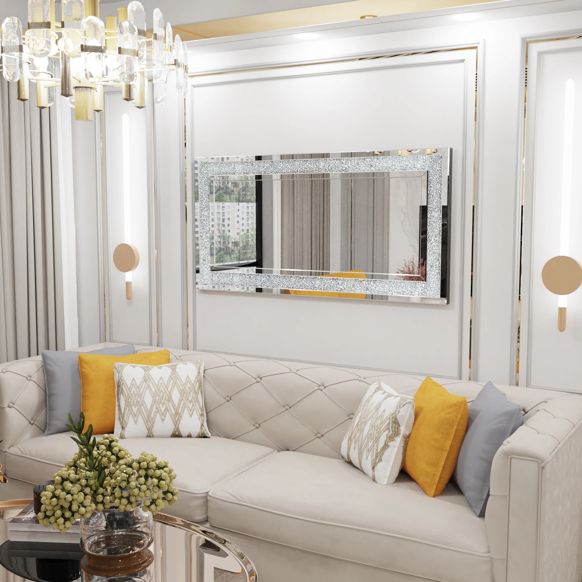 48" x 24" Crush Diamond Wall Mirror Large Decorative Glam Silver Vanity with Beveled Glass Sparkly Crystal Frame Edge