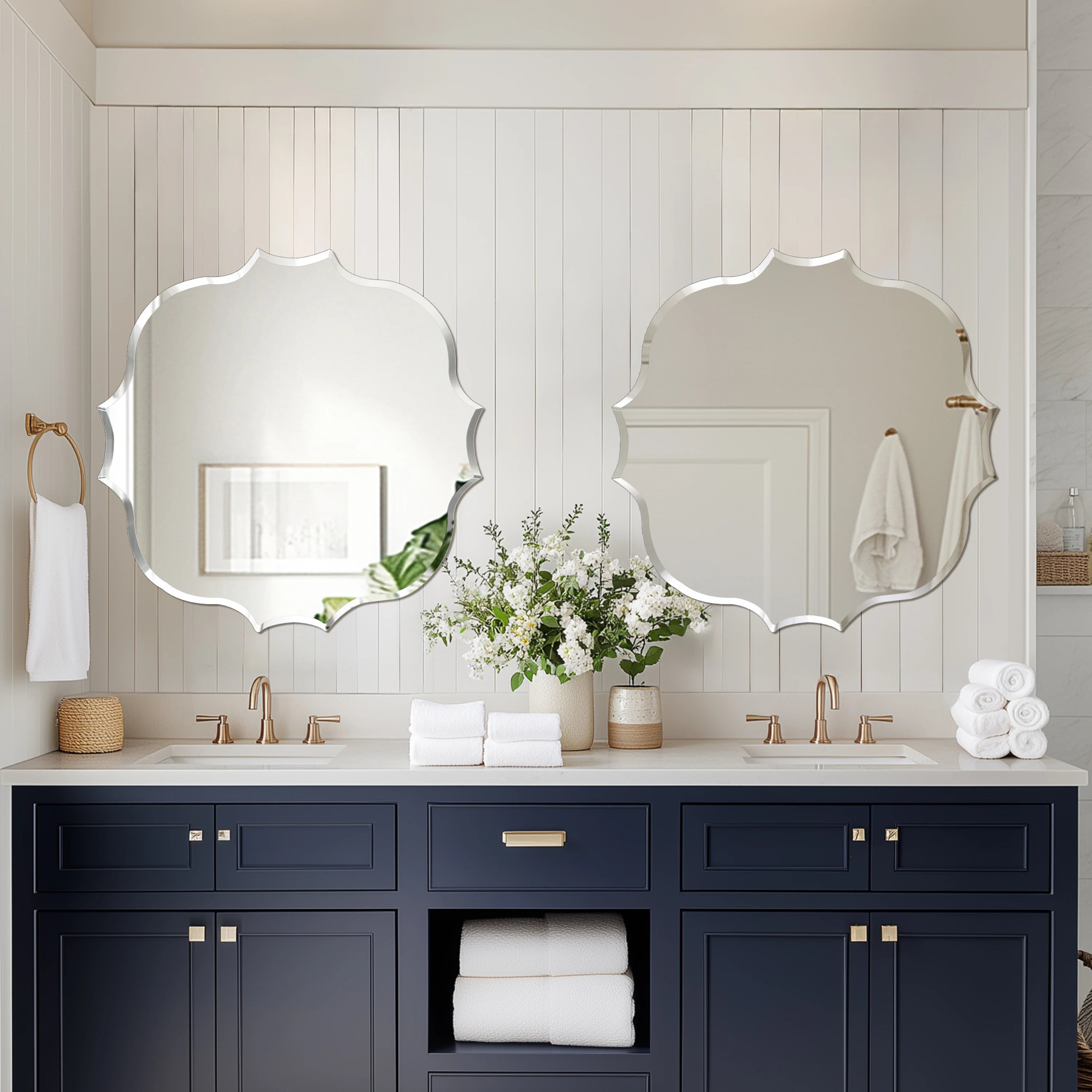 Wisfor Scalloped Edge Beveled Frameless Bathroom Wall Mirror for Living room, Bedroom, Entrance