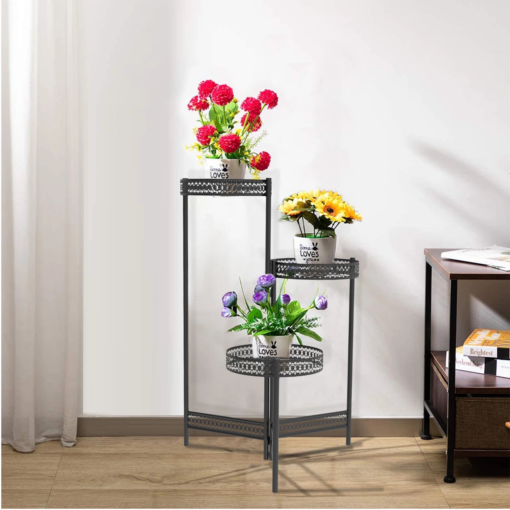 3/4 Tier Metal Plant Stand Indoor Black Tall Flower Pot Holder Display Rack Foldable for Patio Garden Living Room Corner Balcony