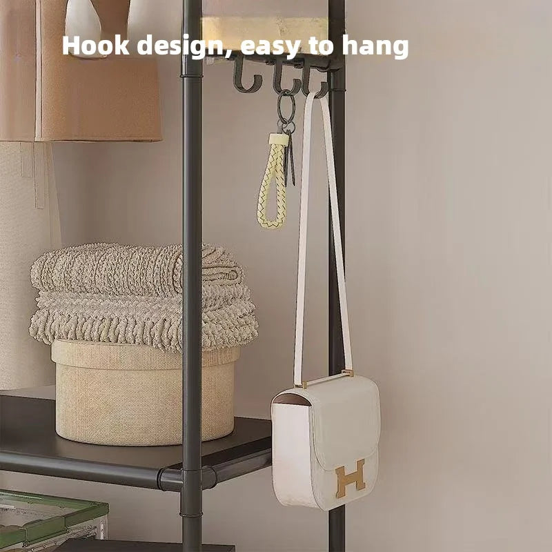 Clothing Storage Rack with Wheels, Hooks & Shelves - Space-Saving Organizer, Durable Freestanding Clothes Organizer for Bedroom