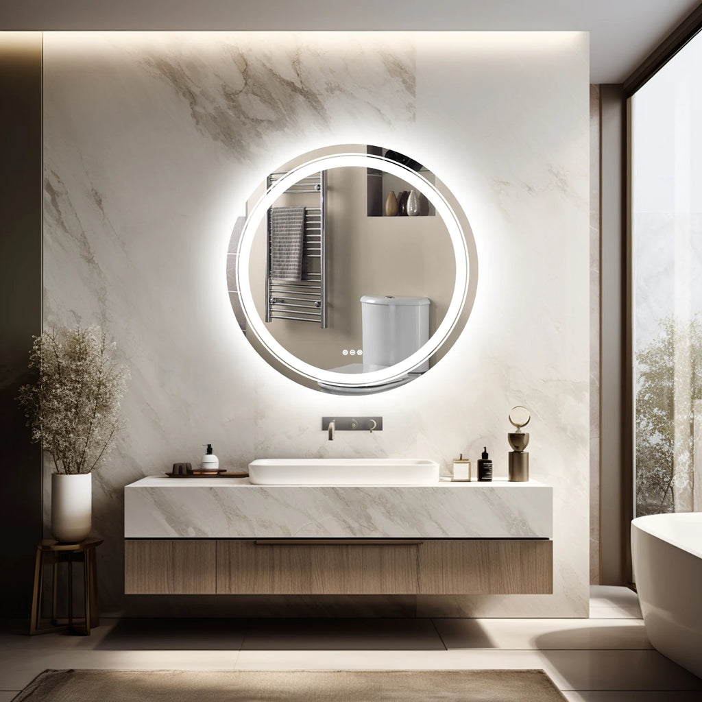 800mm LED Circle Wall Mounted Vanity Mirror with Demister Pad Smart Touch Sensor Memory Function Backlit Front Lighted 3 Colors