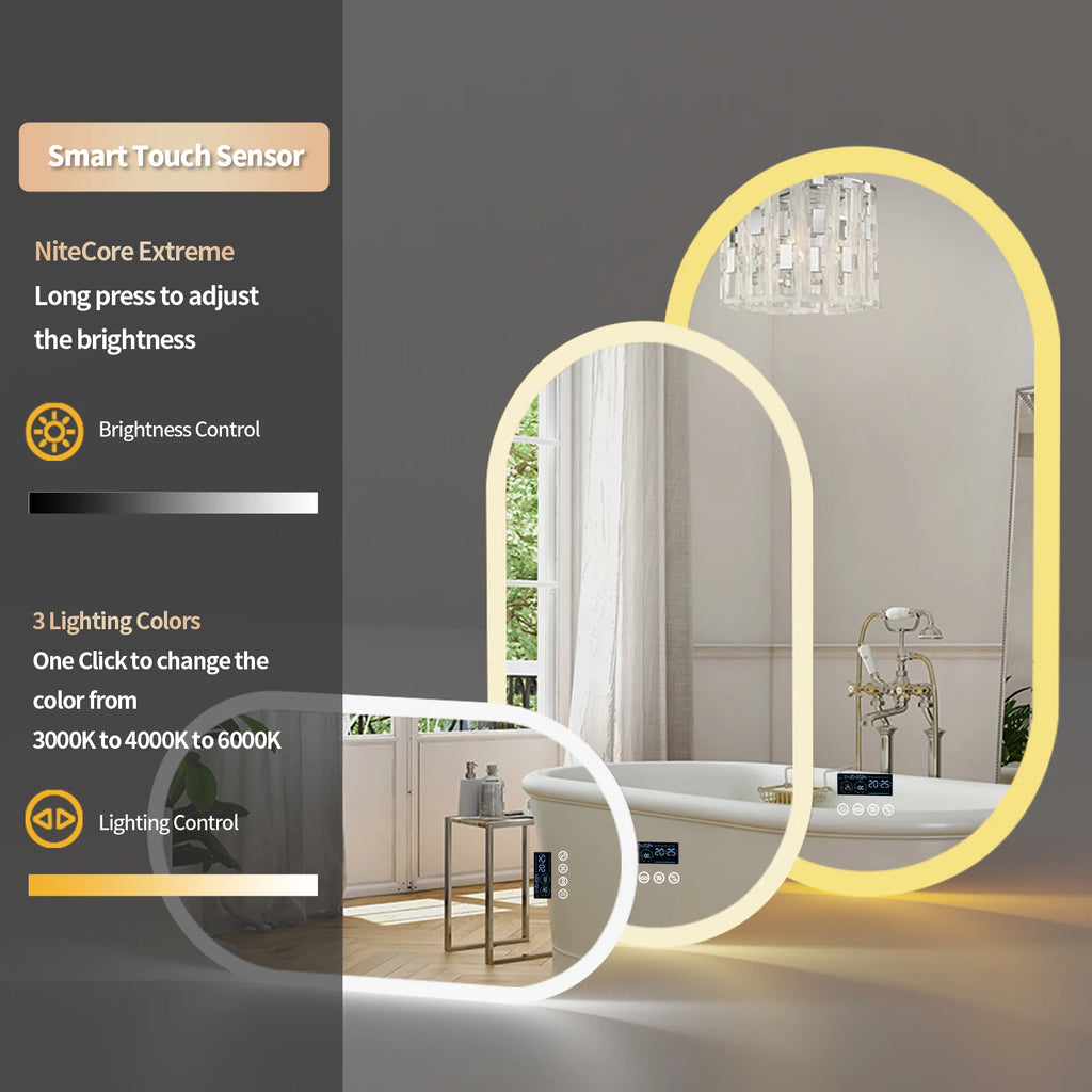 Oval LED Bathroom Mirror with Lights, Anti-Fog, Bluetooth Speaker, 3 Colors Temperature Dimmable Lighted Mirrors Waterproof