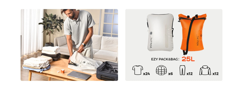 FLEXTAIL X VOLLYC EZYPACK - 25L Vacuum Storage Bag, Reusable Clothing Storage Bag, Travel Backpack Luggage Bag, 85% Compression