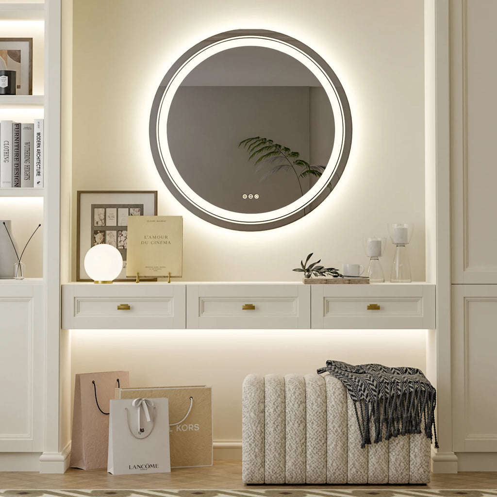 800mm LED Circle Wall Mounted Vanity Mirror with Demister Pad Smart Touch Sensor Memory Function Backlit Front Lighted 3 Colors