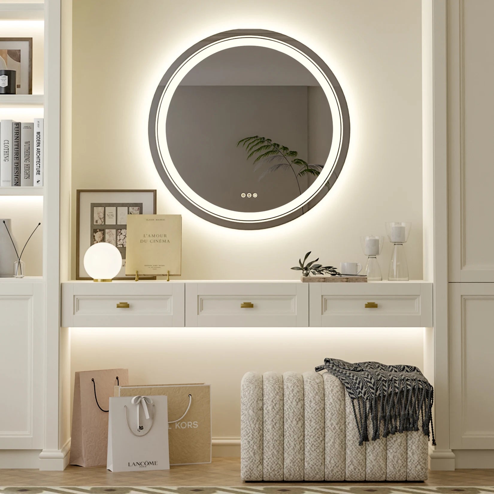 600mm LED Round Wall Mounted Vanity Mirror with Demister Pad Smart Touch Sensor Memory Function Backlit Front Lighted 3 Colors
