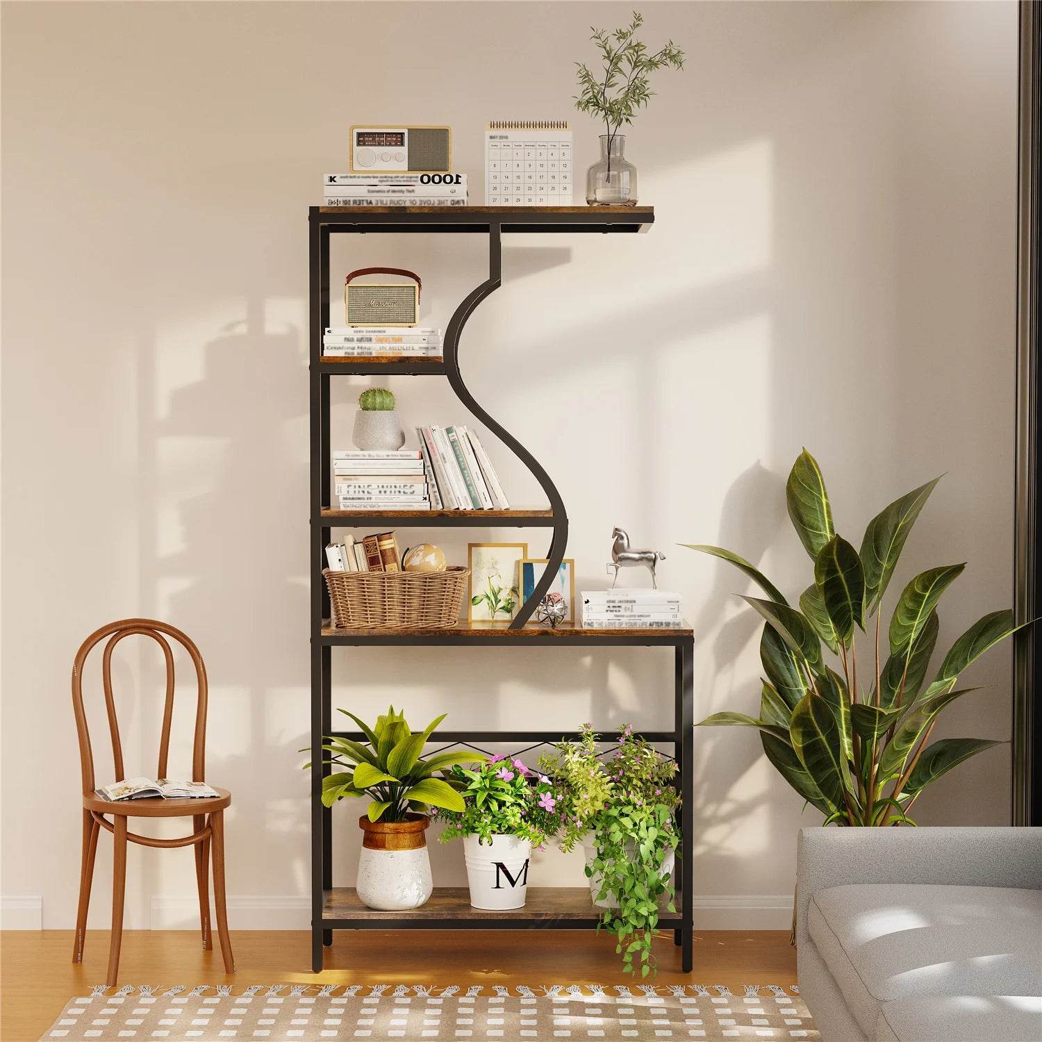 Vintage Industrial Tall Plant Stand - 5-Tier Rustic Shelf Display Unit for Home, Patio, Garden Flower Storage Cabinet & Bookcase