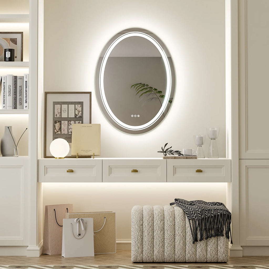 600x800mm LED Oval  Anti-Fog Smart Touch Sensor Memory Function Wall Vanity Mirror Bathroom Backlit Front Lighted with 3 Colors