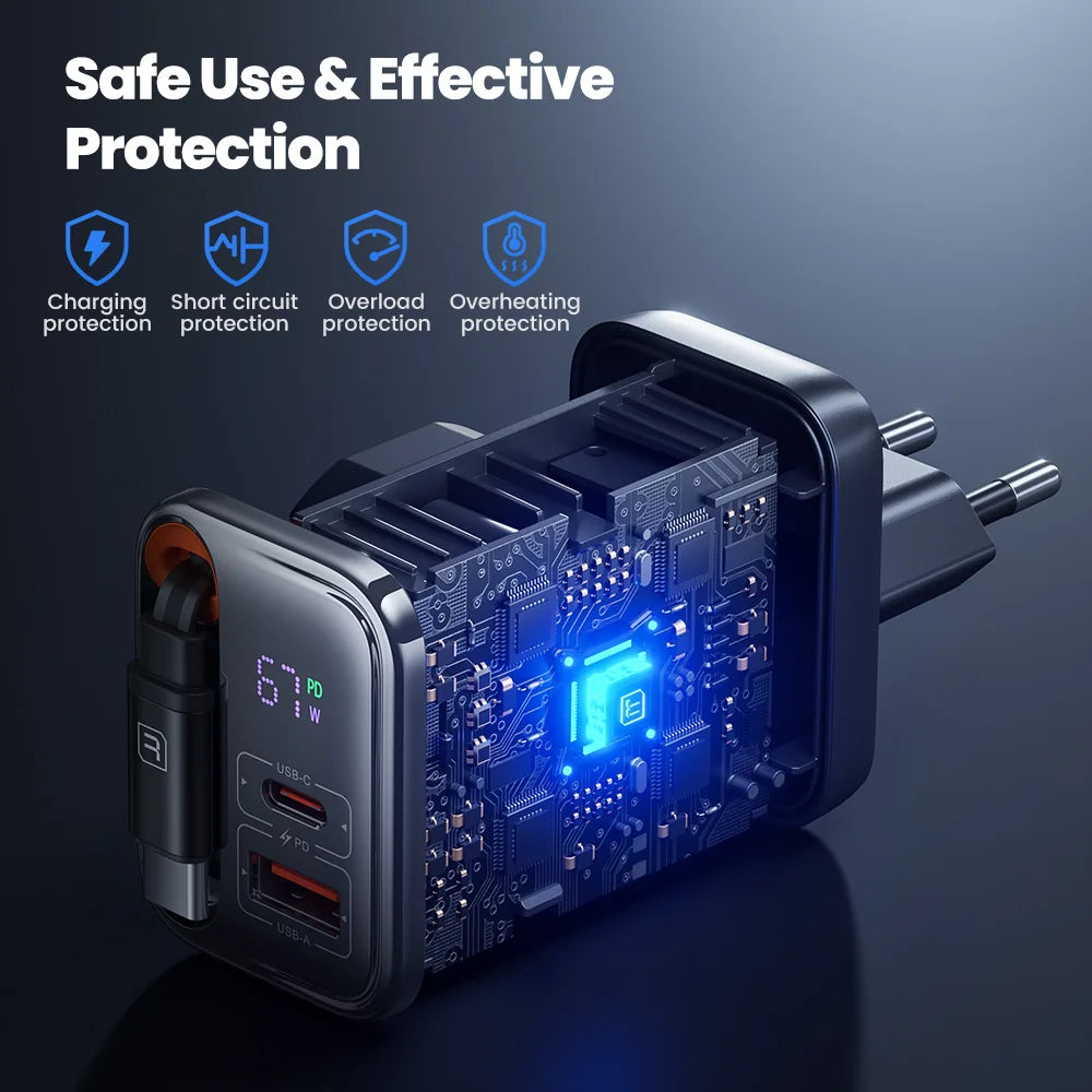 Toocki 67W GaN USB C Charger With Retractable Type C Cable