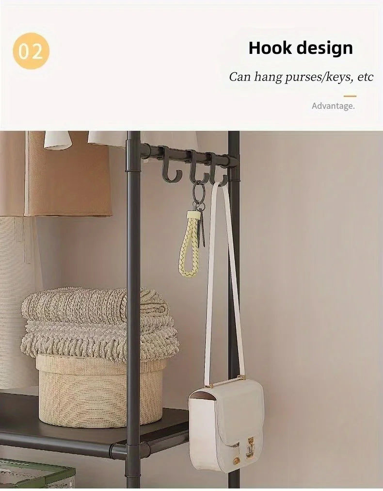 Clothing Storage Rack with Wheels, Hooks & Shelves - Space-Saving Organizer, Durable Freestanding Clothes Organizer for Bedroom