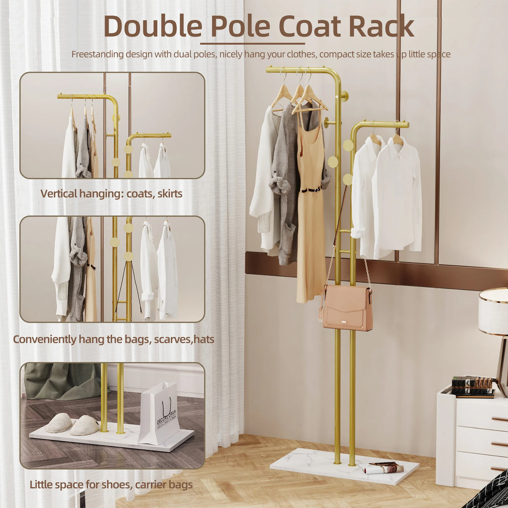 Metal Coat Rack Freestanding with Natural Marble Base, Entryway Coats Hanger Stand with 5 Hooks, Home Hotel Hall Tree for Coats