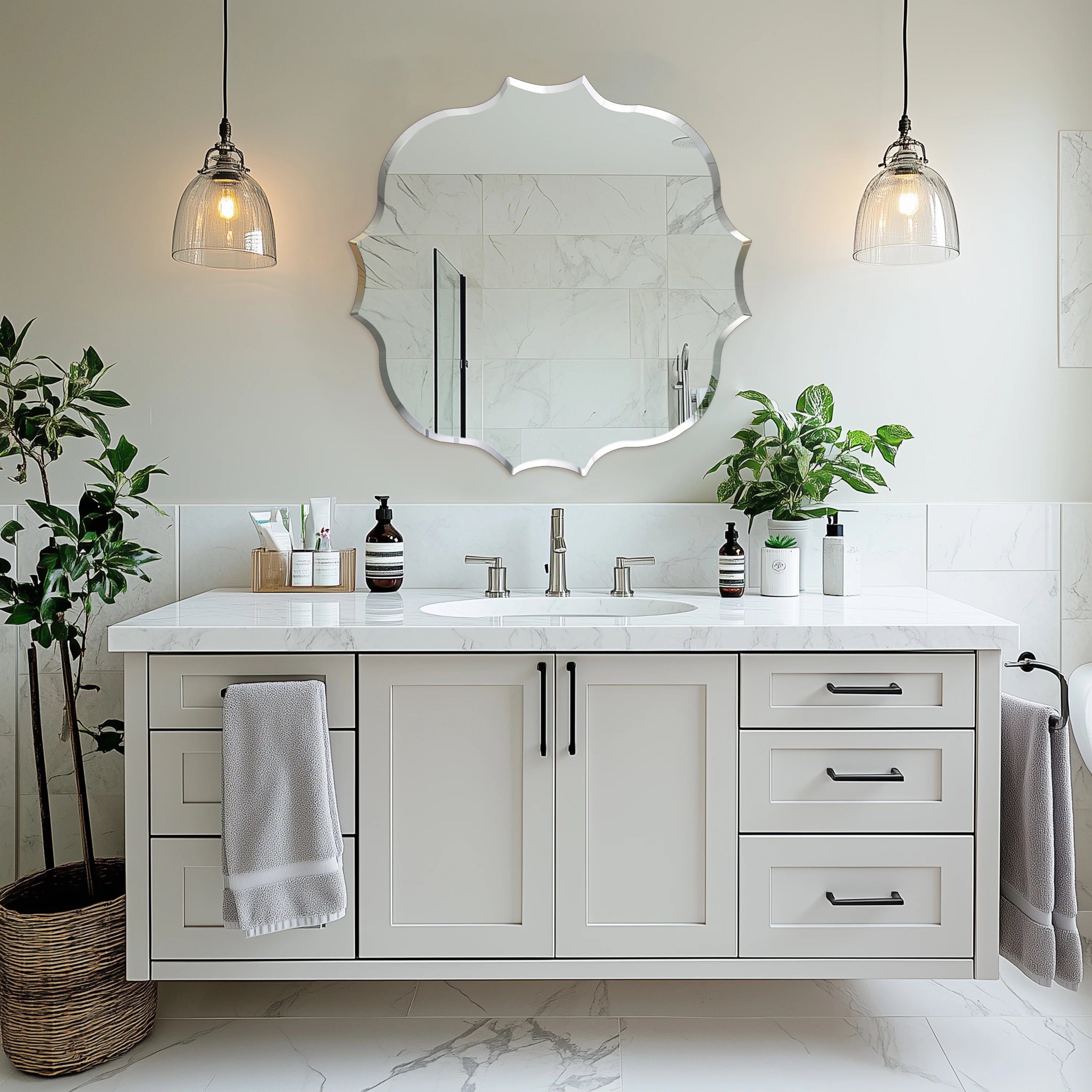 Wisfor Scalloped Edge Beveled Frameless Bathroom Wall Mirror for Living room, Bedroom, Entrance