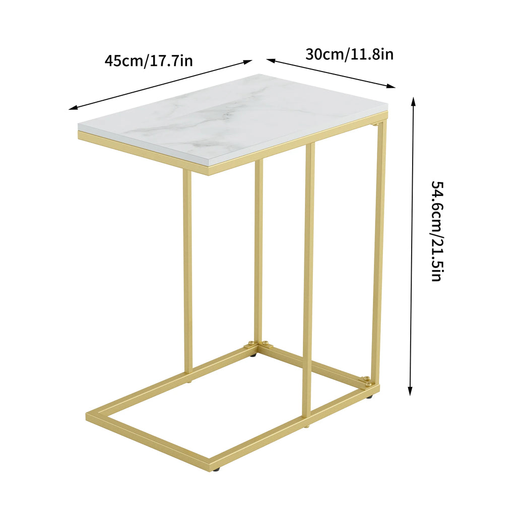C Shaped End Snack Side Table Under Couch with Marble Top for Sofa Coffee Laptop Living Room Bedroom Small Space
