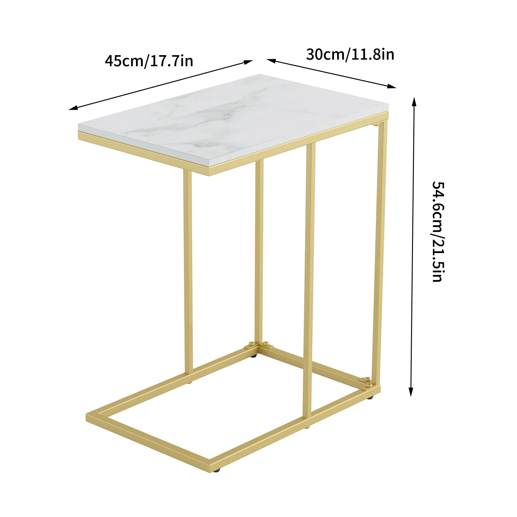 C Shaped End Snack Side Table Under Couch with Marble Top for Sofa Coffee Laptop Living Room Bedroom Small Space