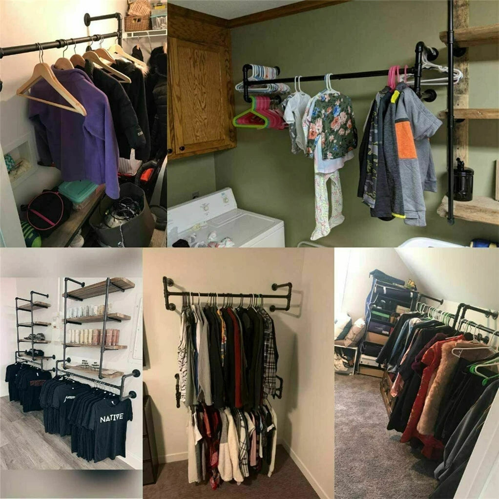 Industrial Pipe Clothes Rack Wall Mounted Hanging Bar Garment Rack Rail Detachable Bedroom Space-Saver for Home