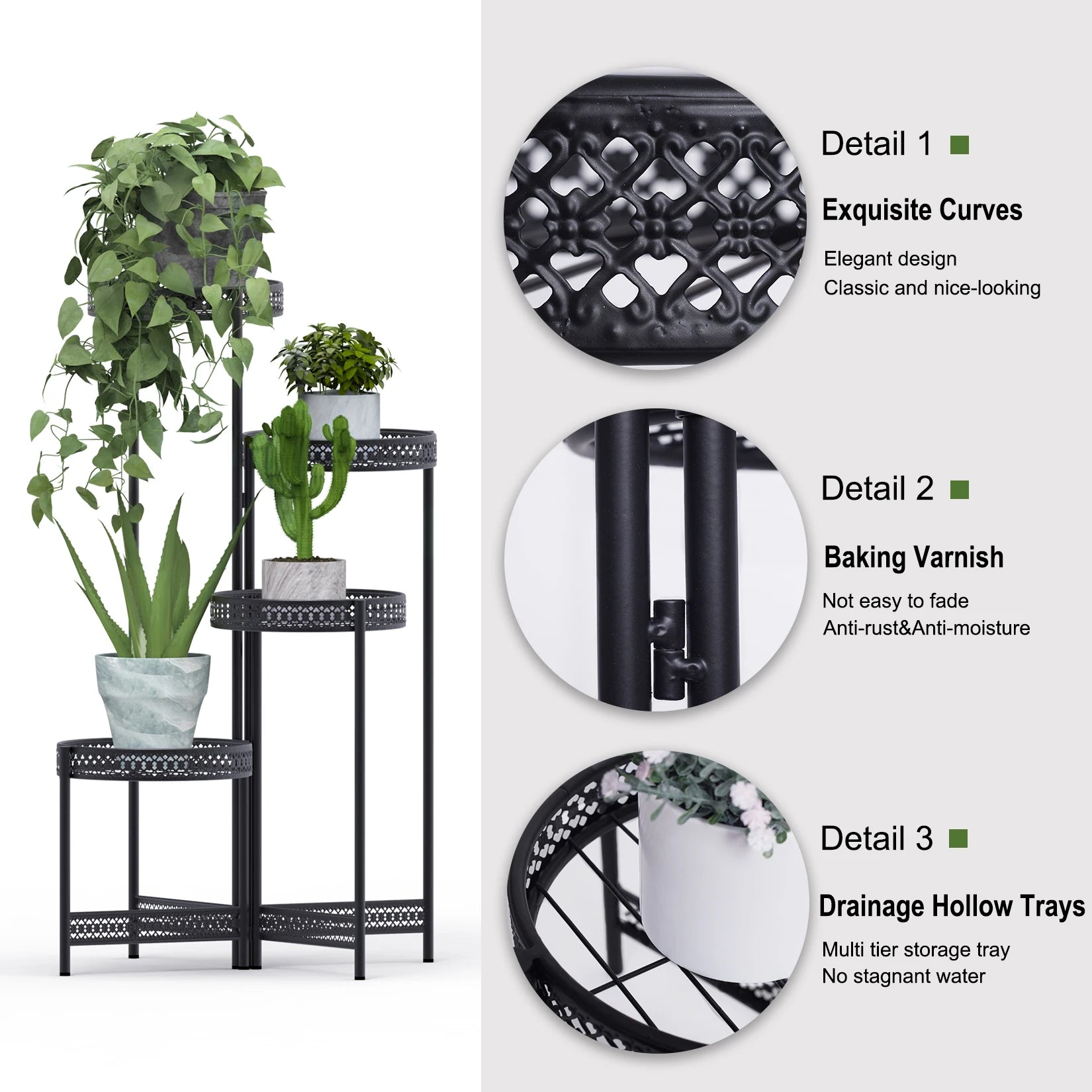 3/4 Tier Metal Plant Stand Indoor Black Tall Flower Pot Holder Display Rack Foldable for Patio Garden Living Room Corner Balcony