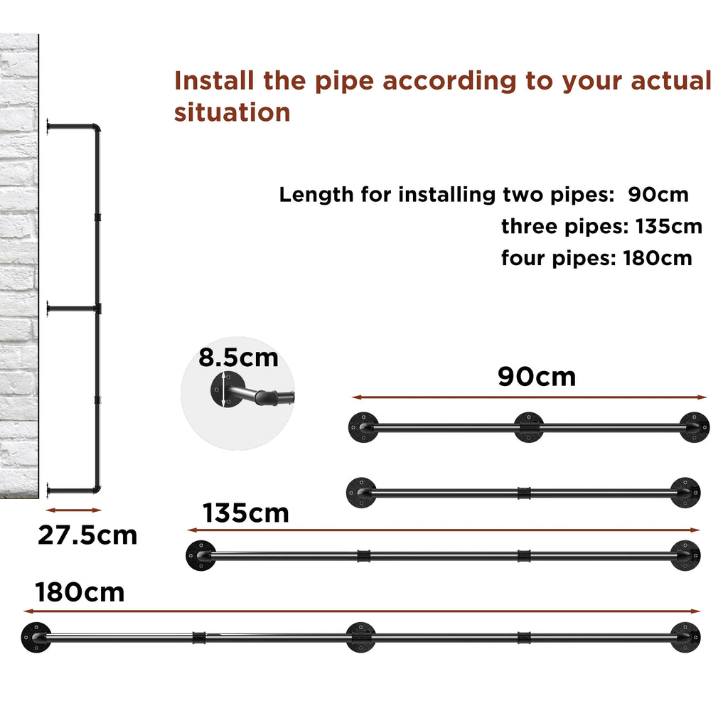 180cm Bedroom Garment Home Rail Multipurpose Wall Mounted Industrial Pipe Clothes Rack Space Saving Hanging Shelf with 3 Hooks