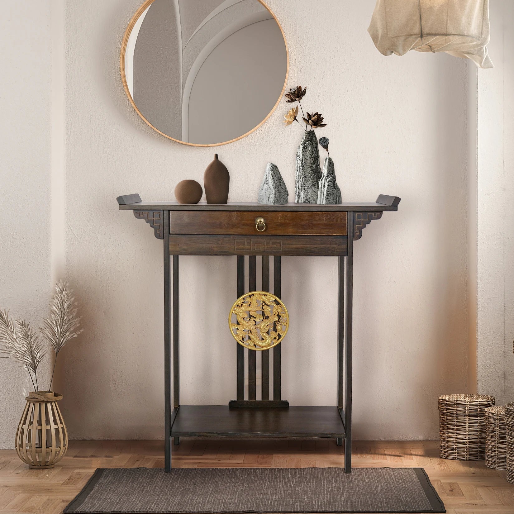 Vintage Rustic Console Table Hall Console Table Luxurious Totem Decor with Pull Drawer & Shelf Living Room Furniture