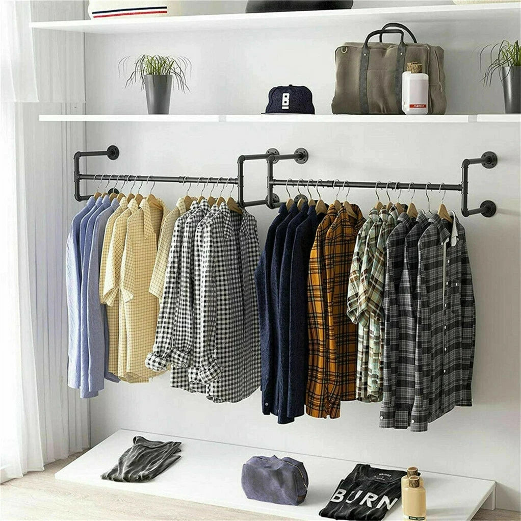 Industrial Pipe Clothes Rack Wall Mounted Hanging Bar Garment Rack Rail Detachable Bedroom Space-Saver for Home
