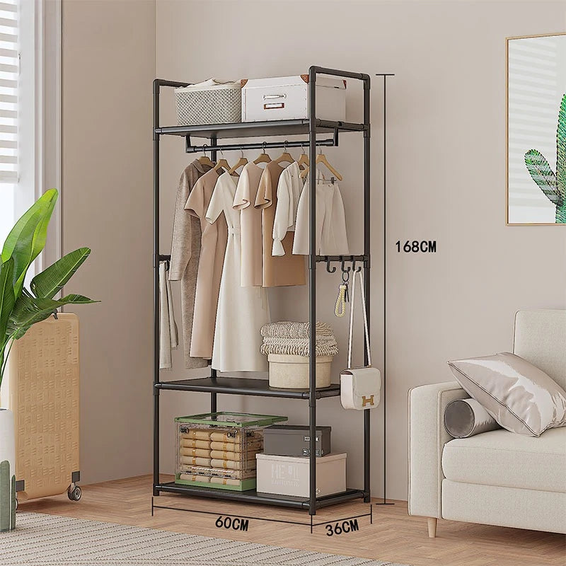 Clothing Storage Rack with Wheels, Hooks & Shelves - Space-Saving Organizer, Durable Freestanding Clothes Organizer for Bedroom