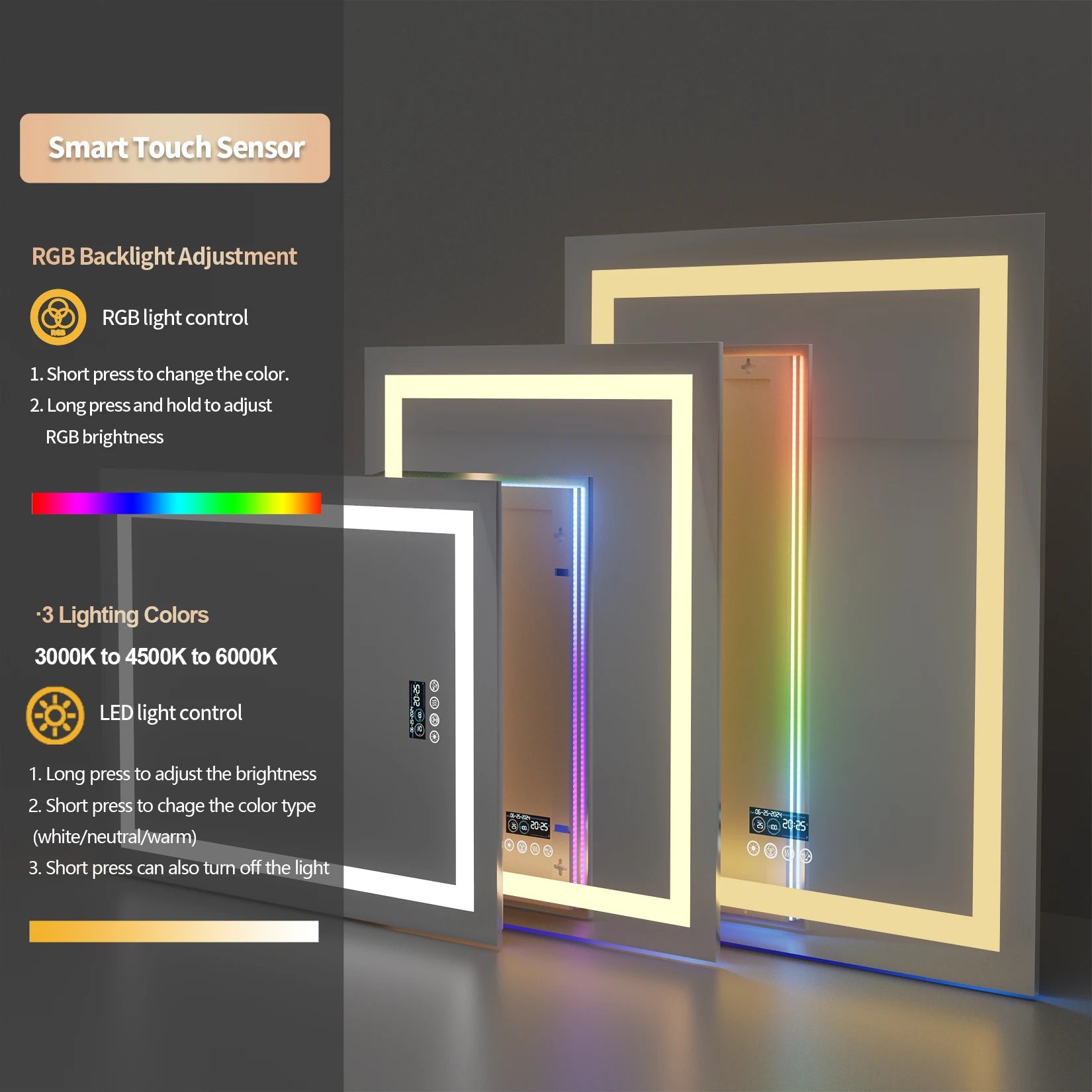 Wisfor Rectangular RGB Bathroom Mirror With Bluetooth Speaker 27x35inch Wall Lighted Bathroom Mirror With Smart Display, 3 Color