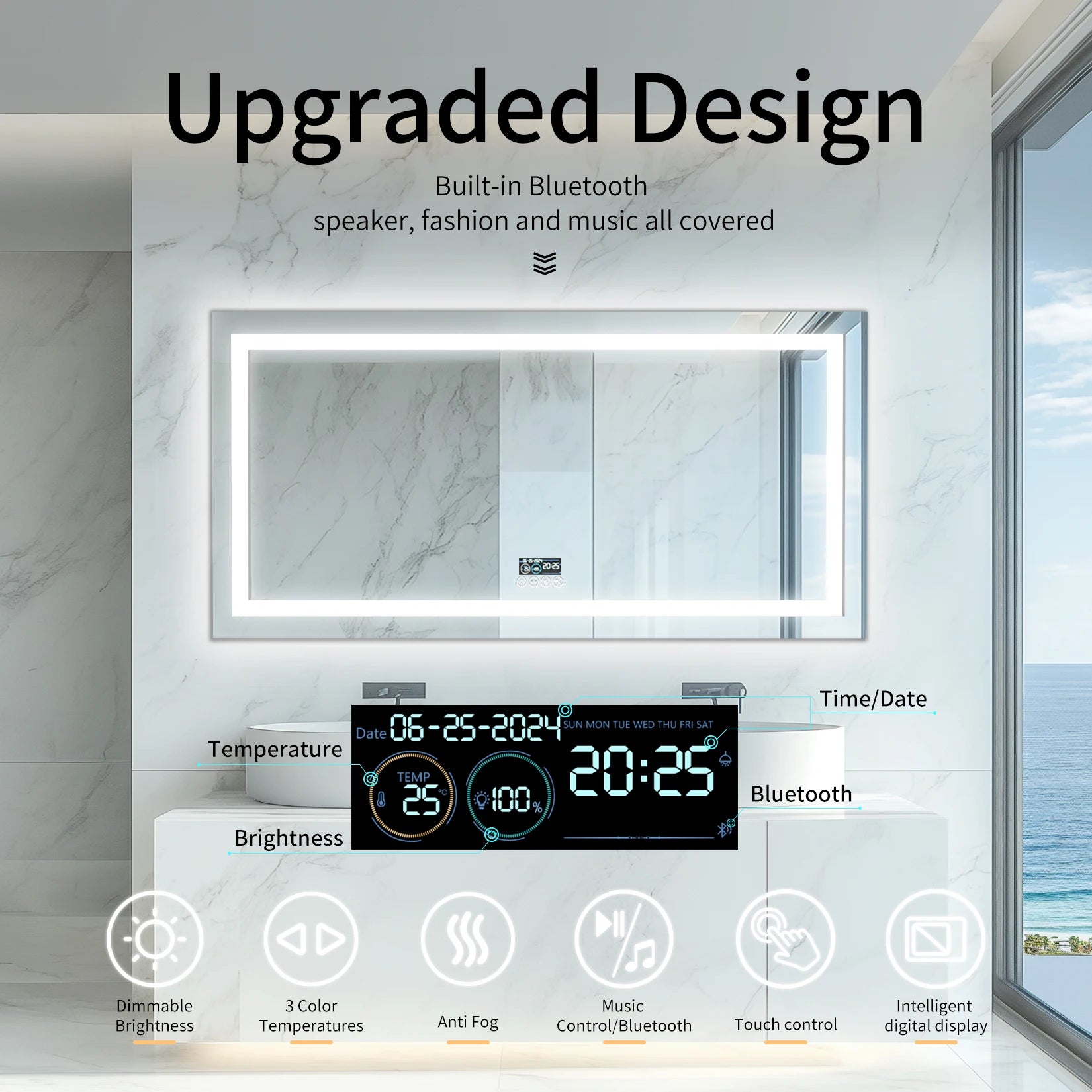 Wisfor 48x24 LED Bathroom Mirror with Dual Lights, Anti-Fog, Bluetooth Speaker, 3 Colors Temperature & Dimmable, Lighted Mirrors