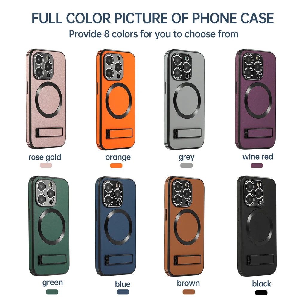 Luxury Magnetic Leather Stand Phone Case For iPhone 17 16 15 14 11 12 13 Pro Max Wireless Charging For Magsafe Shockproof Cover