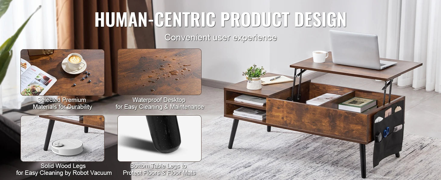 VEVOR Lift Top Coffee Table Round Rectangle Table with Extra Storage Pockets Pop Up & Flipable Coffee Table for Living Room