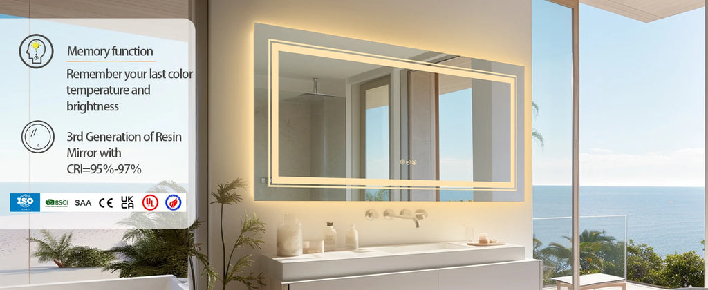 55x28 Inch Dimmable Large Rectangular LED Lighted Bathroom Mirror Wall Mounted Vanity Backlit Mirror with Touch 3 Colors Switch