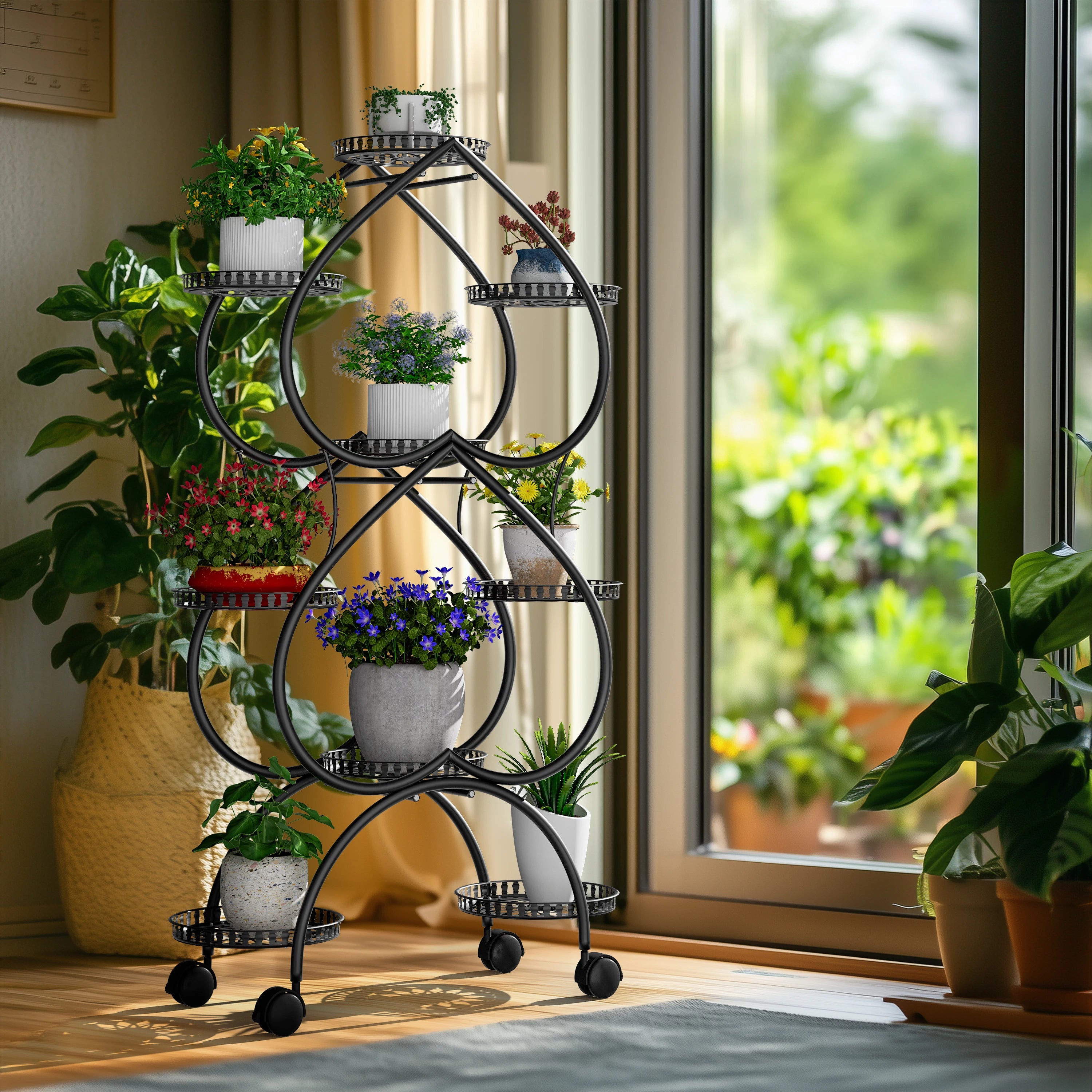 Metal Plant Stand, 6 Tiers Multifunctional Plant Stands for Indoor Plants, Decorative Black Steel Plant Shelf for Indoor Outdoor