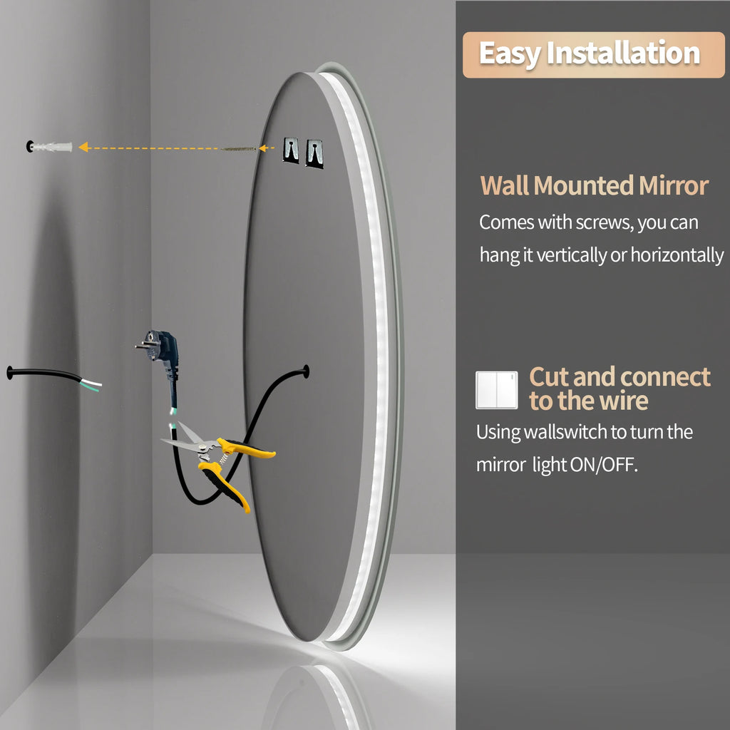 800mm LED Circle Wall Mounted Vanity Mirror with Demister Pad Smart Touch Sensor Memory Function Backlit Front Lighted 3 Colors