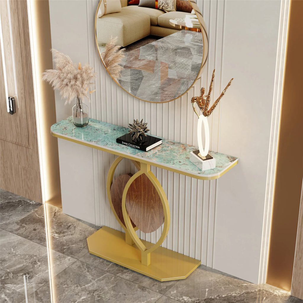 Modern Gold Console Table with Geometric Metal Base, Sintered Stone Narrow Entryway Table Foyer Table for Entrance, Living Room
