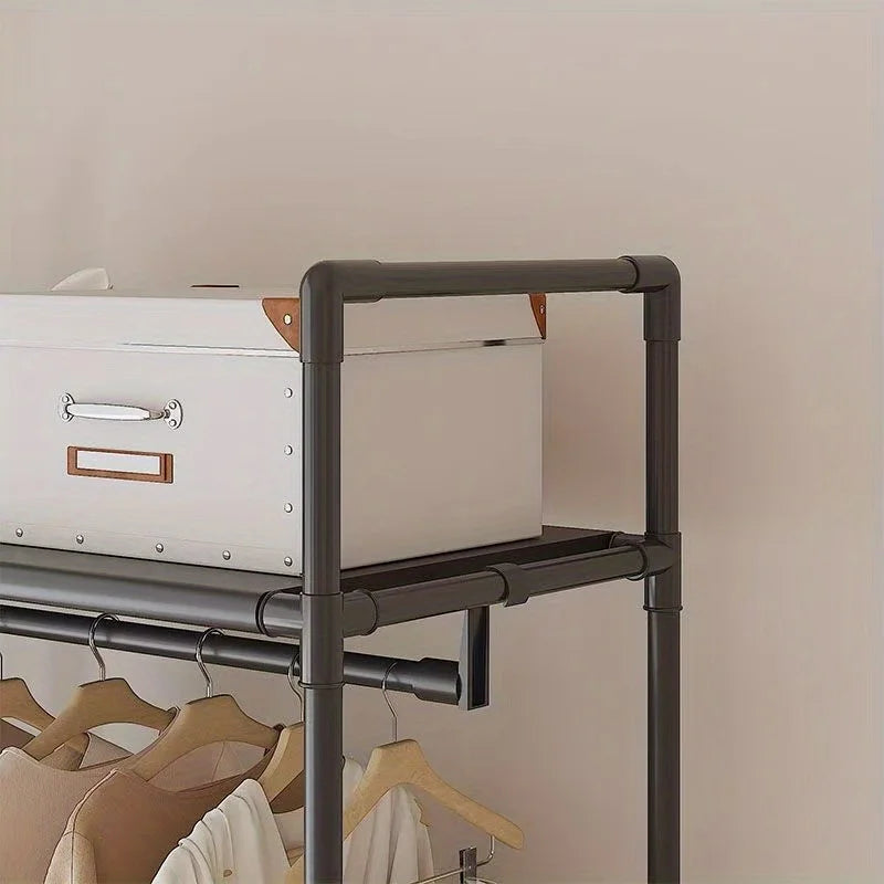 Clothing Storage Rack with Wheels, Hooks & Shelves - Space-Saving Organizer, Durable Freestanding Clothes Organizer for Bedroom