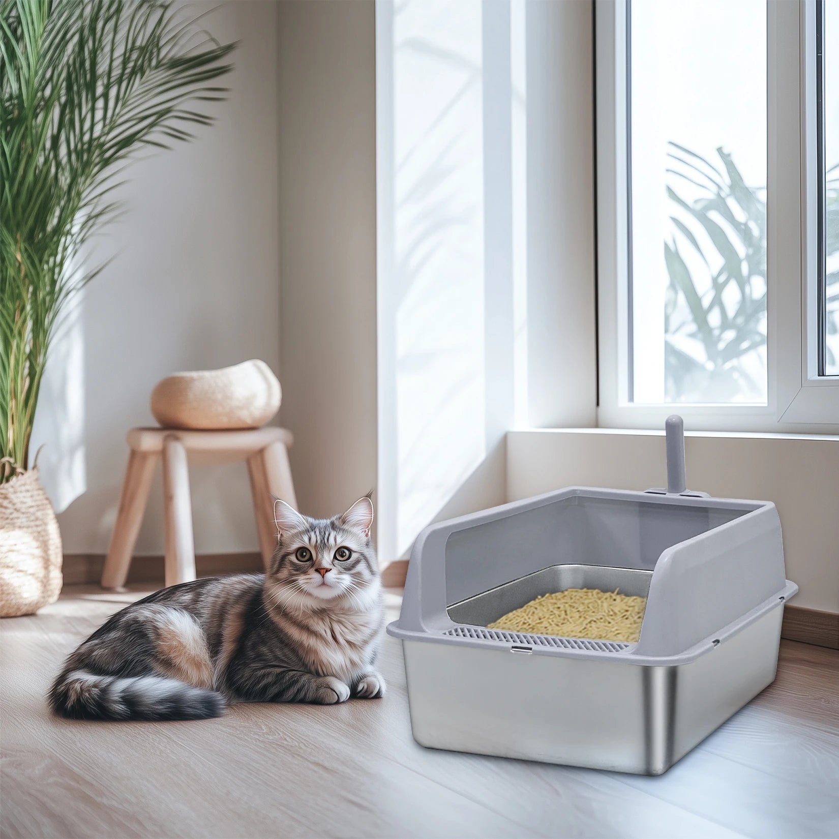 Bingopaw Stainless Steel Litter Box with Lid, High Sides Metal Litter Box System for for Big Cats, Anti-Leakage, Easy Cleaning