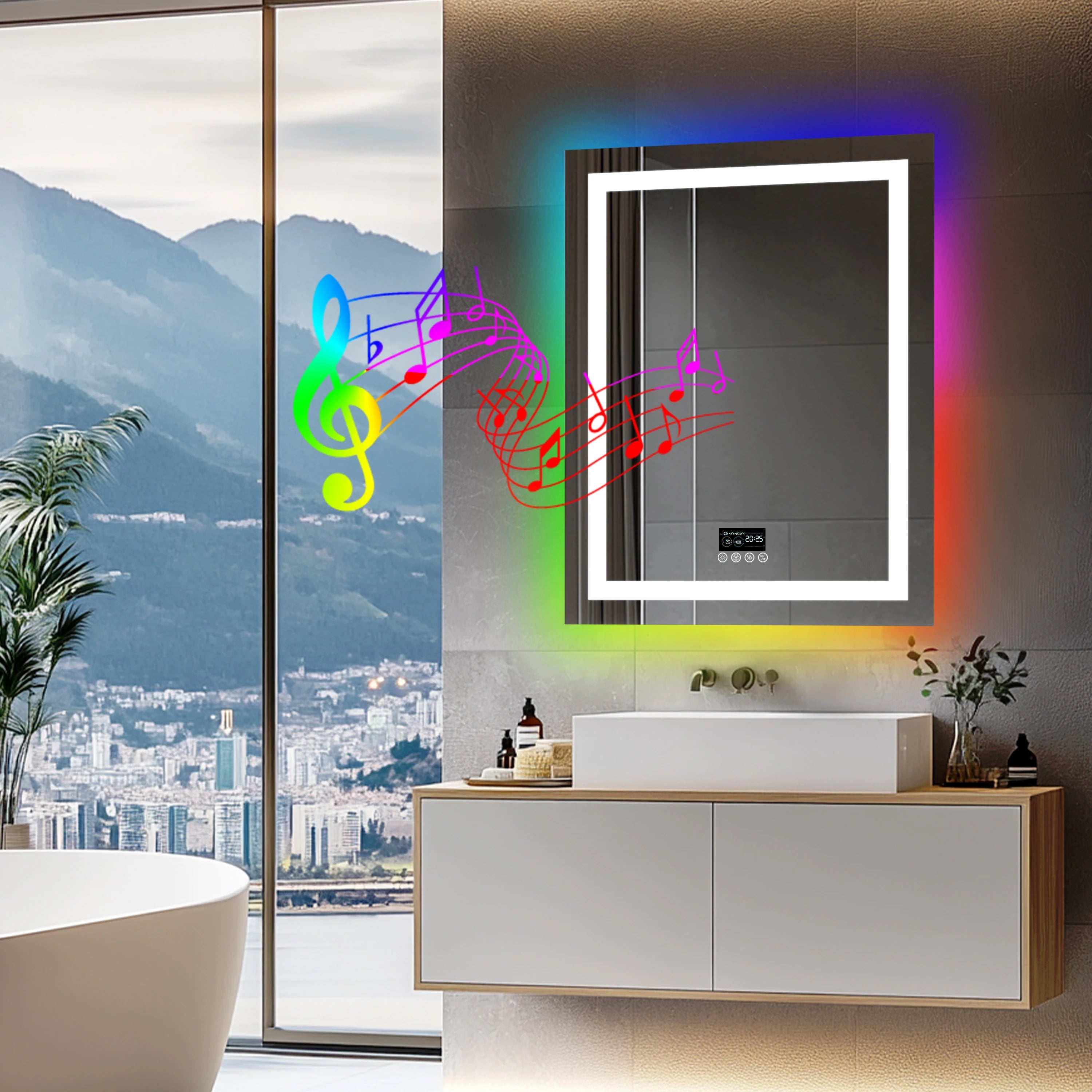 Wisfor Rectangular RGB Bathroom Mirror With Bluetooth Speaker 27x35inch Wall Lighted Bathroom Mirror With Smart Display, 3 Color