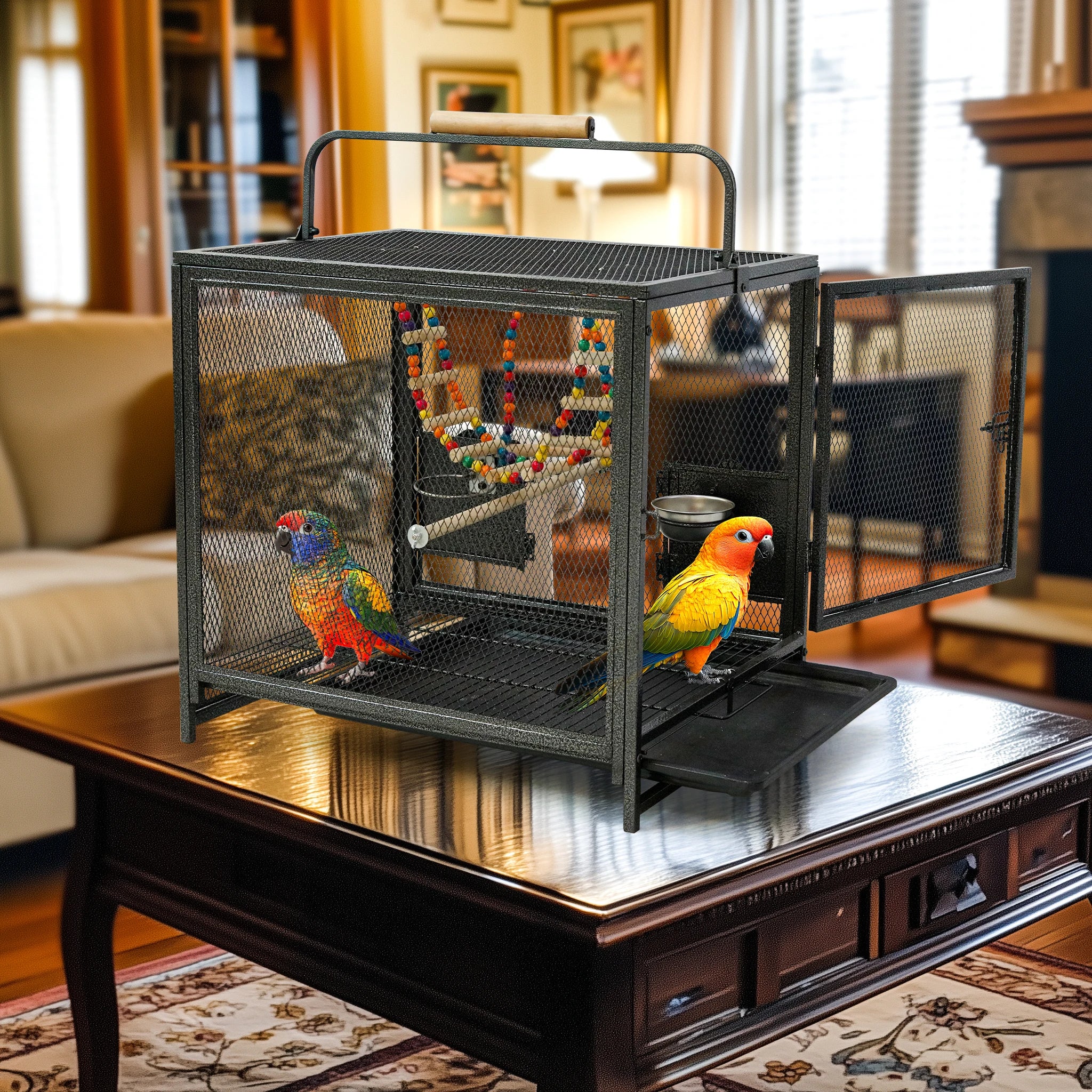 Wrought Iron Bird Travel Carrier Cage Parrot Cage with Handle Wooden Perch & Seed Guard for Small Parrots Canaries Budgies Parro