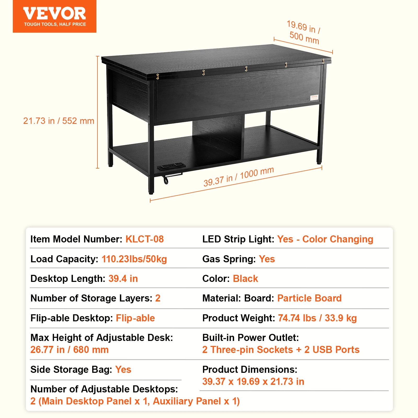 VEVOR Lift Top Coffee Table Round Rectangle Table with Extra Storage Pockets Pop Up & Flipable Coffee Table for Living Room