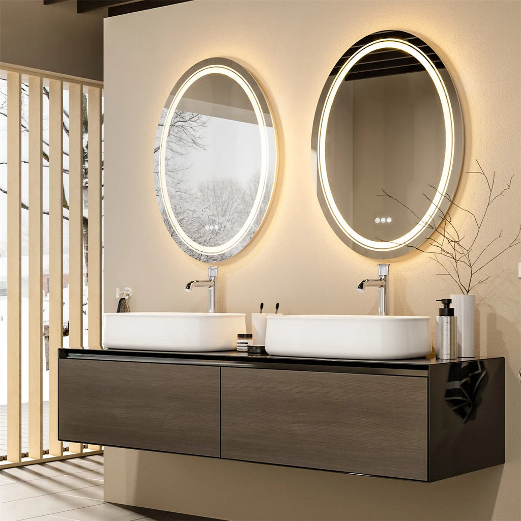 Large Oval LED Bathroom Mirror Lighted Mirror Anti-Fog Vanity Bathroom Backlit Dimmable Wall Mounted 3 Colors Memory with Plug