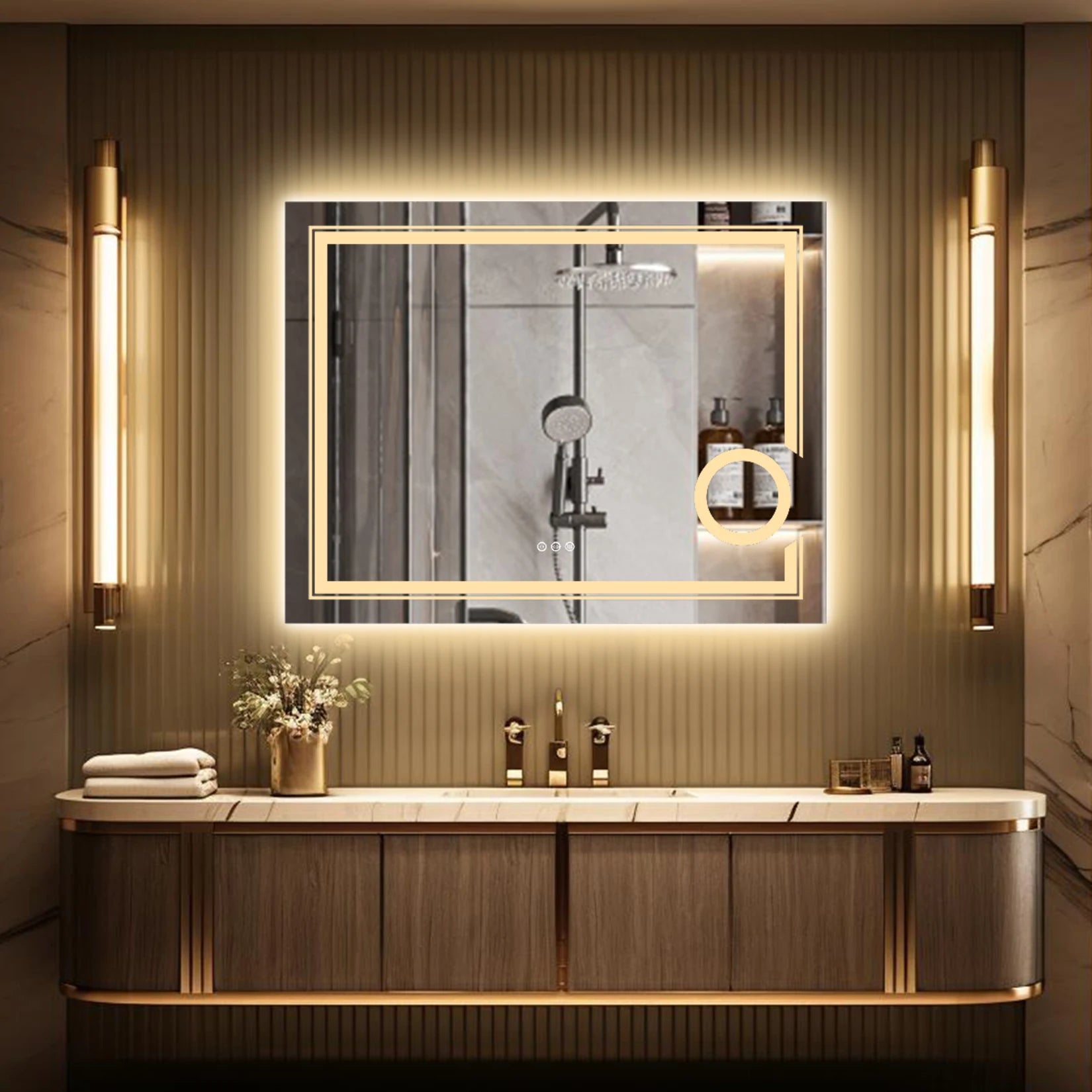 Wisfor LED Lighted Smart Bathroom Mirror 3X Lighted Magnifier Wall Mounted White Light Front Backlit Dimmable Anti-Fog