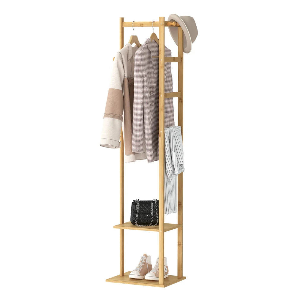 Bingopaw Coat Tree Solid Bamboo Freestanding Coat Rack with Storage Garments Corner Stand with Hooks for Home Bedroom