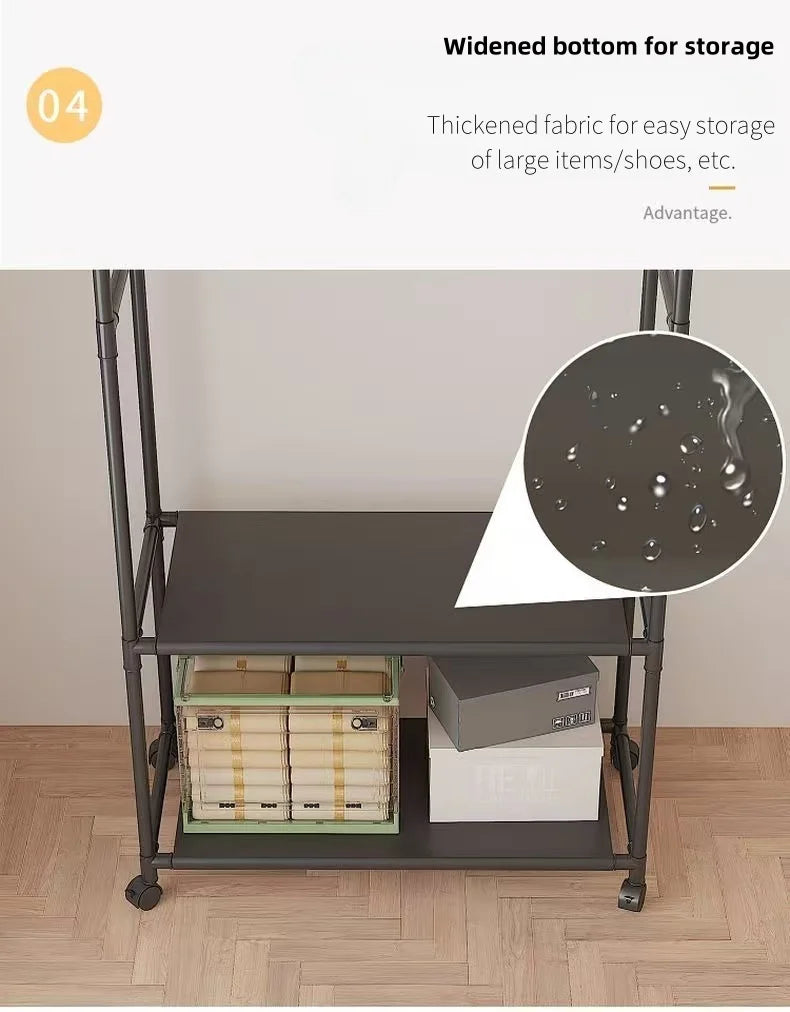 Clothing Storage Rack with Wheels, Hooks & Shelves - Space-Saving Organizer, Durable Freestanding Clothes Organizer for Bedroom