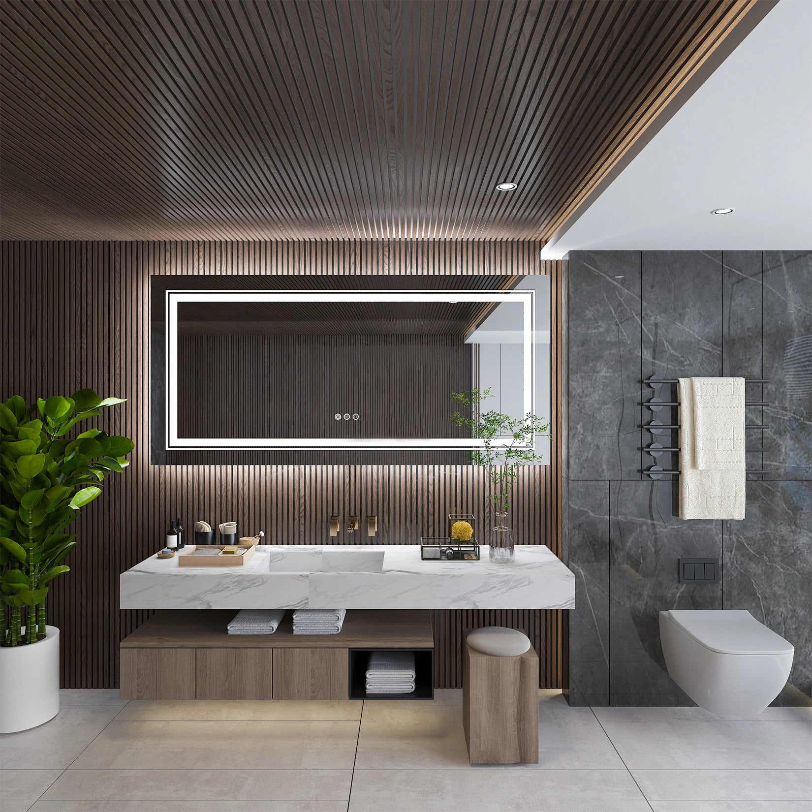 55x28 Inch Dimmable Large Rectangular LED Lighted Bathroom Mirror Wall Mounted Vanity Backlit Mirror with Touch 3 Colors Switch