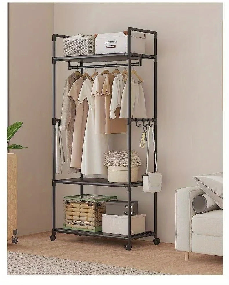 Clothing Storage Rack with Wheels, Hooks & Shelves - Space-Saving Organizer, Durable Freestanding Clothes Organizer for Bedroom