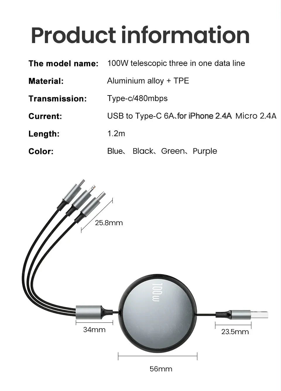 3 in 1 Retractable USB C 6A 100W USB Fast Charger