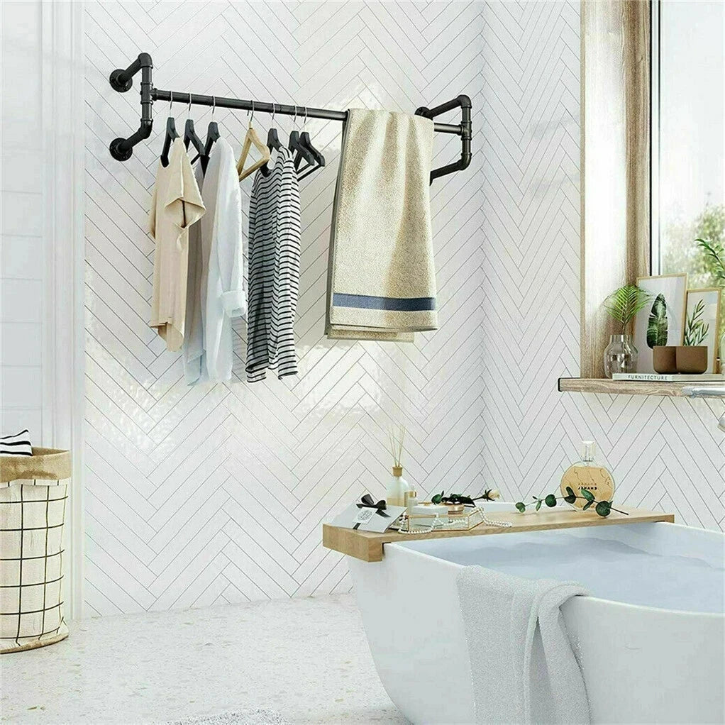 Industrial Pipe Clothes Rack Wall Mounted Hanging Bar Garment Rack Rail Detachable Bedroom Space-Saver for Home