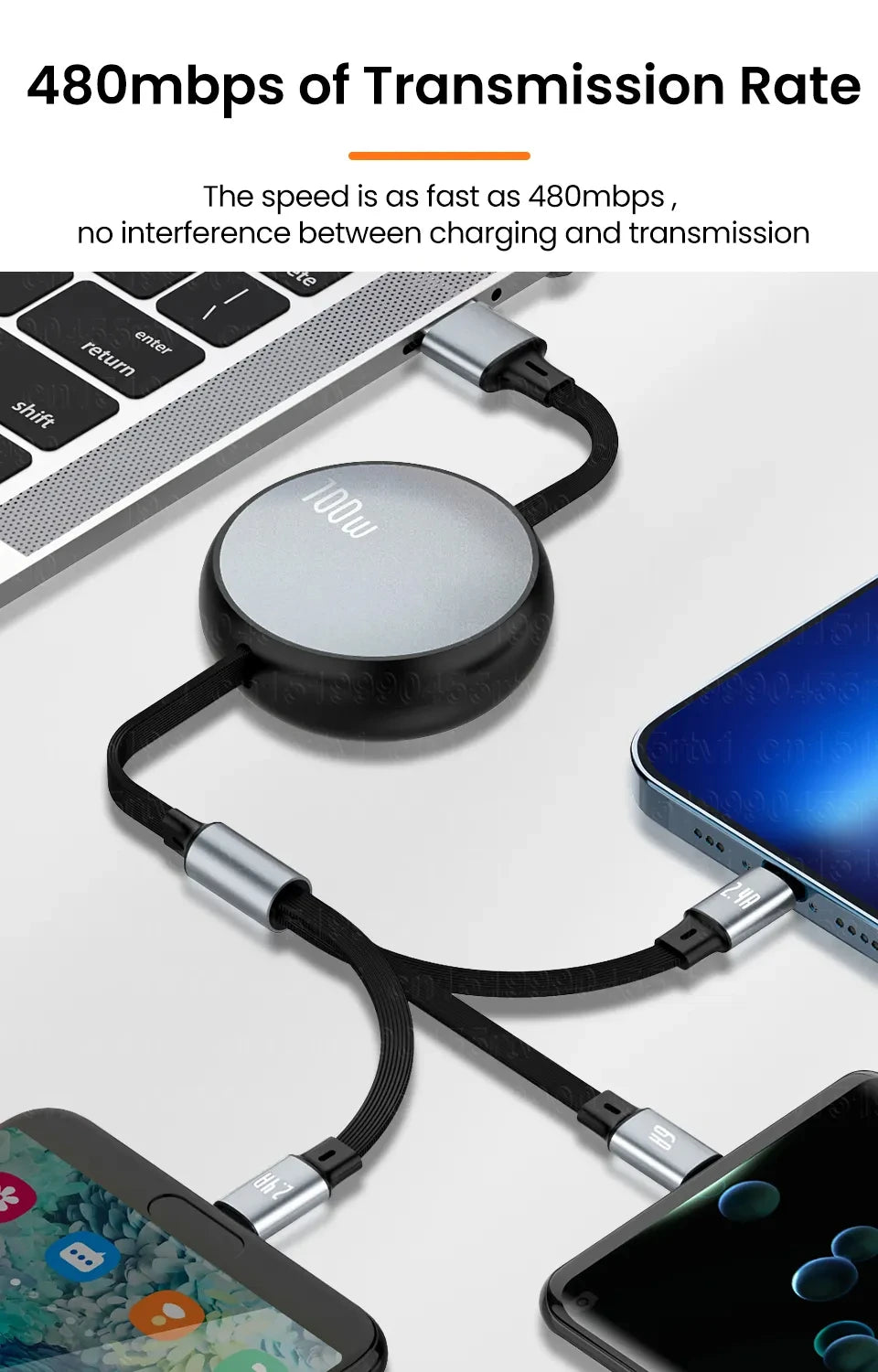 3 in 1 Retractable USB C 6A 100W USB Fast Charger