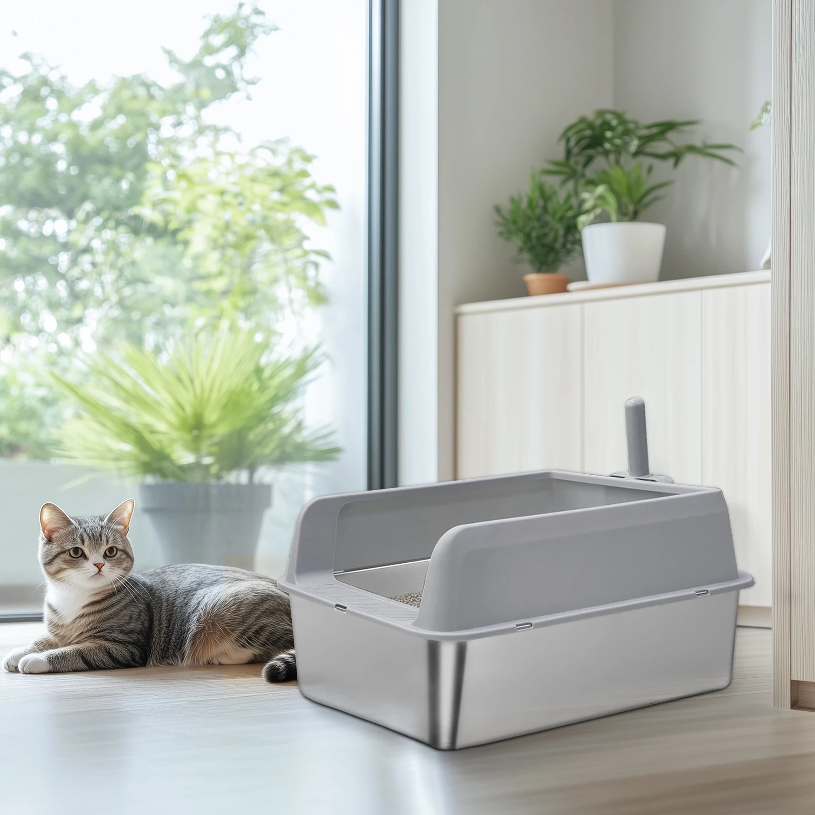 Bingopaw Stainless Steel Litter Box with Lid, High Sides Metal Litter Box System for for Big Cats, Anti-Leakage, Easy Cleaning