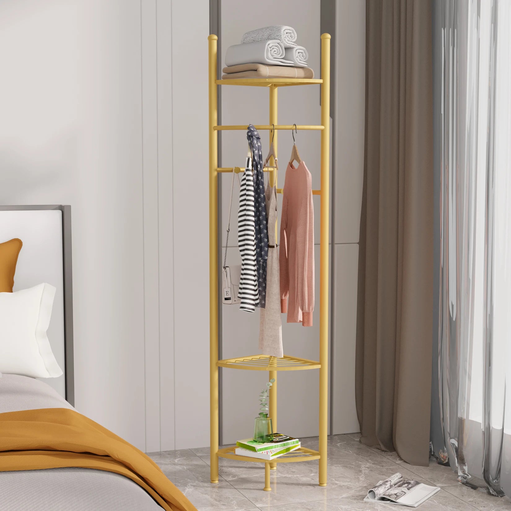 Space-Saving Tall Entryway Gold Metal Coat Stand with Shelves A Free-Standing Clothes Rack Ideal for Bedroom  & Living Room