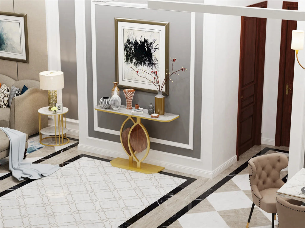 Modern Gold Console Table with Geometric Metal Base, Sintered Stone Narrow Entryway Table Foyer Table for Entrance, Living Room